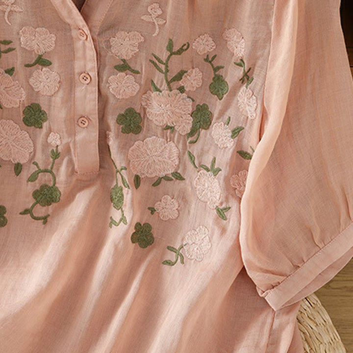 Camisa informal de lino y algodón con cuello en V y media manga para mujer, con estampado de flores y hojas verdes bordadas y piedras de Buddha Stones - image 8