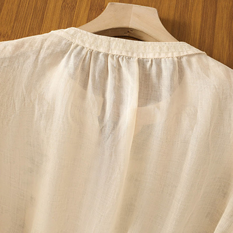 Camisa informal de lino y algodón con cuello en V y media manga para mujer, con estampado de flores y hojas verdes bordadas y piedras de Buddha Stones - image 14