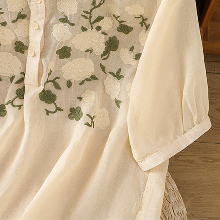 Camisa informal de lino y algodón con cuello en V y media manga para mujer, con estampado de flores y hojas verdes bordadas y piedras de Buddha Stones - image 15