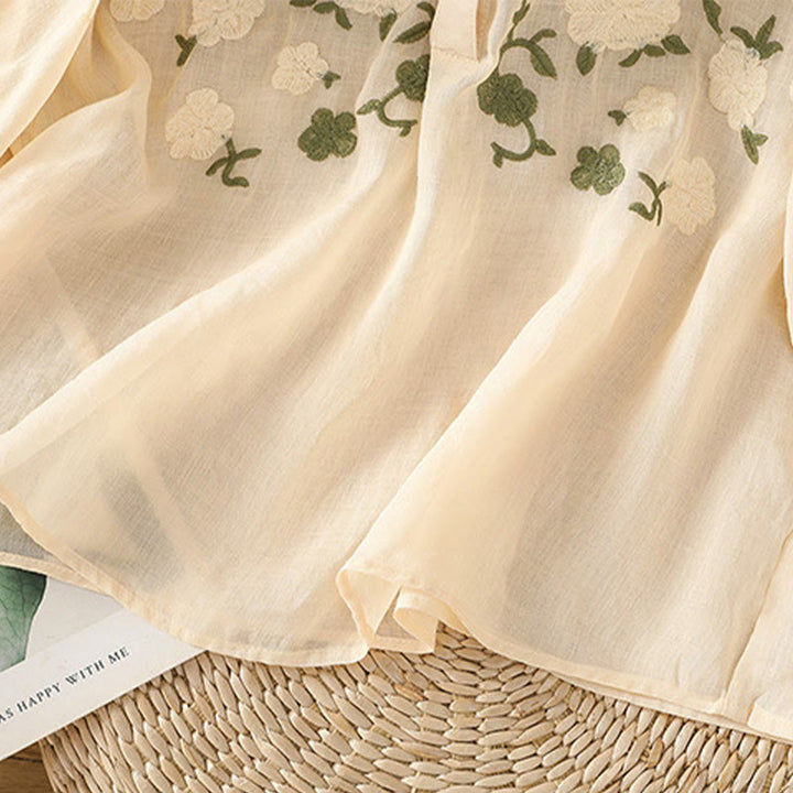 Camisa informal de lino y algodón con cuello en V y media manga para mujer, con estampado de flores y hojas verdes bordadas y piedras de Buddha Stones - image 13