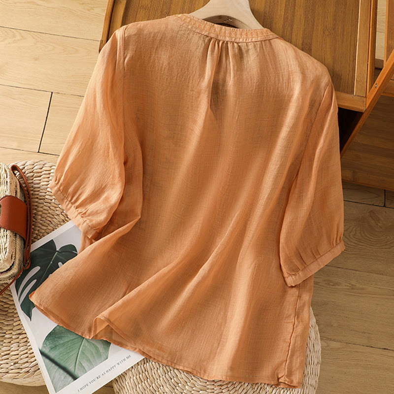 Camisa informal de lino y algodón con cuello en V y media manga para mujer, con estampado de flores y hojas verdes bordadas y piedras de Buddha Stones - image 20