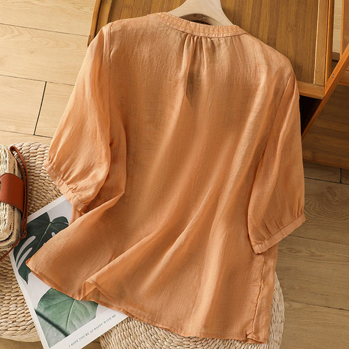 Camisa informal de lino y algodón con cuello en V y media manga para mujer, con estampado de flores y hojas verdes bordadas y piedras de Buddha Stones - image 20