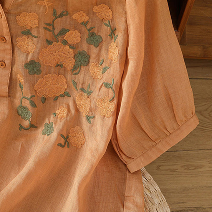 Camisa informal de lino y algodón con cuello en V y media manga para mujer, con estampado de flores y hojas verdes bordadas y piedras de Buddha Stones - image 18