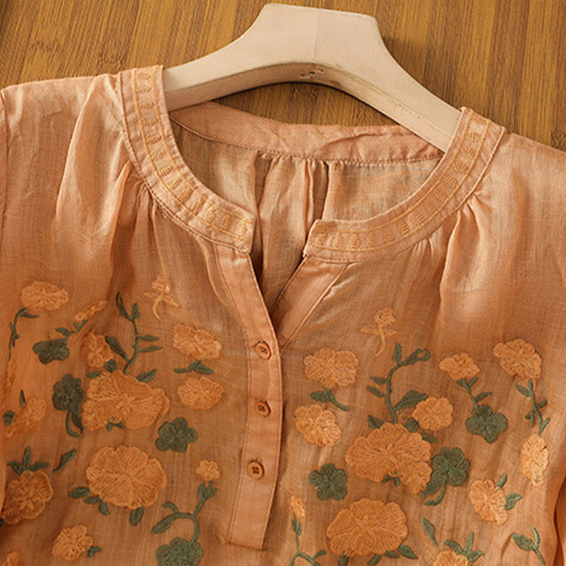 Camisa informal de lino y algodón con cuello en V y media manga para mujer, con estampado de flores y hojas verdes bordadas y piedras de Buddha Stones - image 22