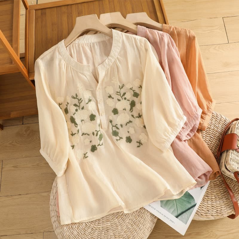 Camisa informal de lino y algodón con cuello en V y media manga para mujer, con estampado de flores y hojas verdes bordadas y piedras de Buddha Stones - image 23