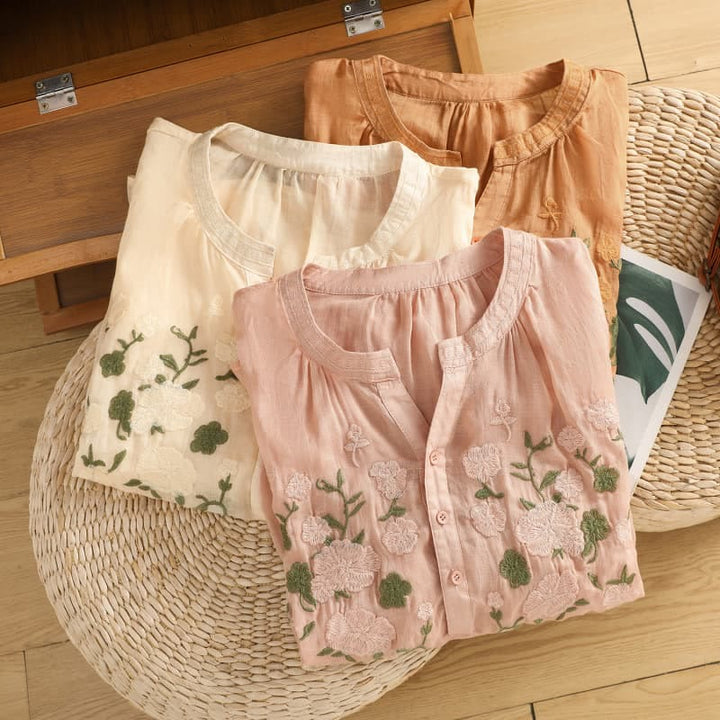 Camisa informal de lino y algodón con cuello en V y media manga para mujer, con estampado de flores y hojas verdes bordadas y piedras de Buddha Stones - image 24