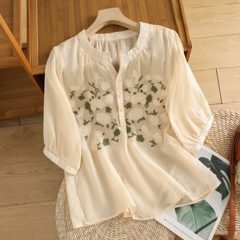 Camisa informal de lino y algodón con cuello en V y media manga para mujer, con estampado de flores y hojas verdes bordadas y piedras de Buddha Stones - PapayaWhip - US8-10，UK/AU12-14，EU40-42 (2XL) - image 9