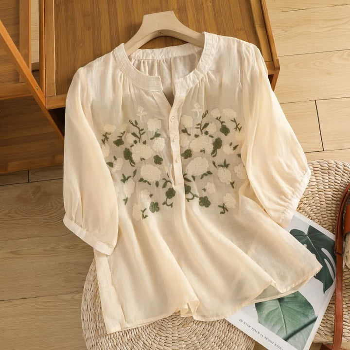 Camisa informal de lino y algodón con cuello en V y media manga para mujer, con estampado de flores y hojas verdes bordadas y piedras de Buddha Stones - PapayaWhip - US8-10，UK/AU12-14，EU40-42 (2XL) - image 9