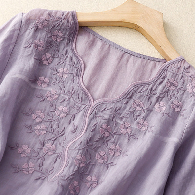 Camiseta de verano Buddha Stones de acrílico con flores bordadas y cuello en V para mujer, de media manga - image 1