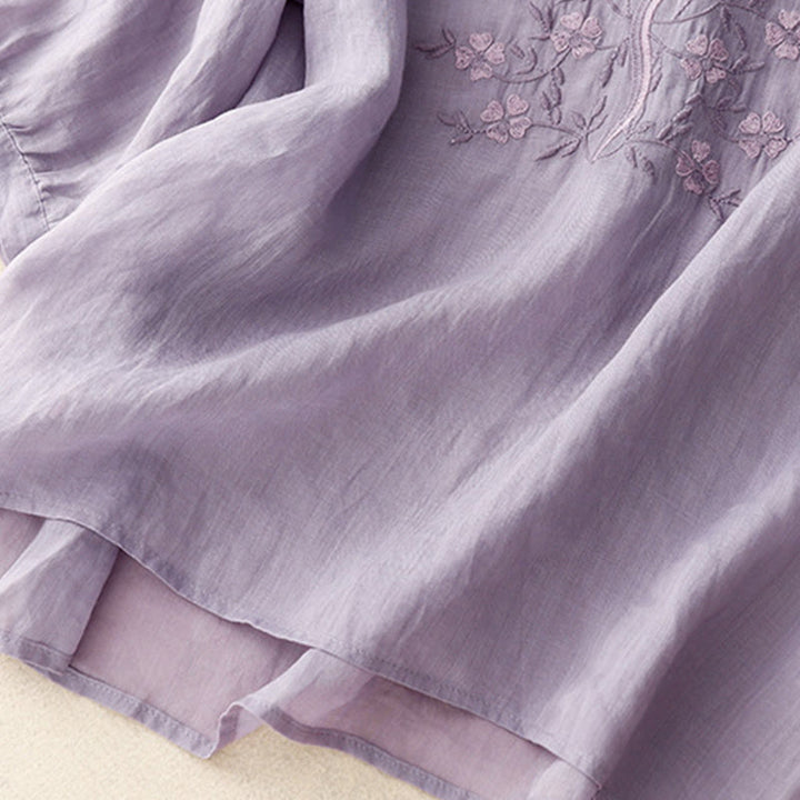 Camiseta de verano Buddha Stones de acrílico con flores bordadas y cuello en V para mujer, de media manga - image 4