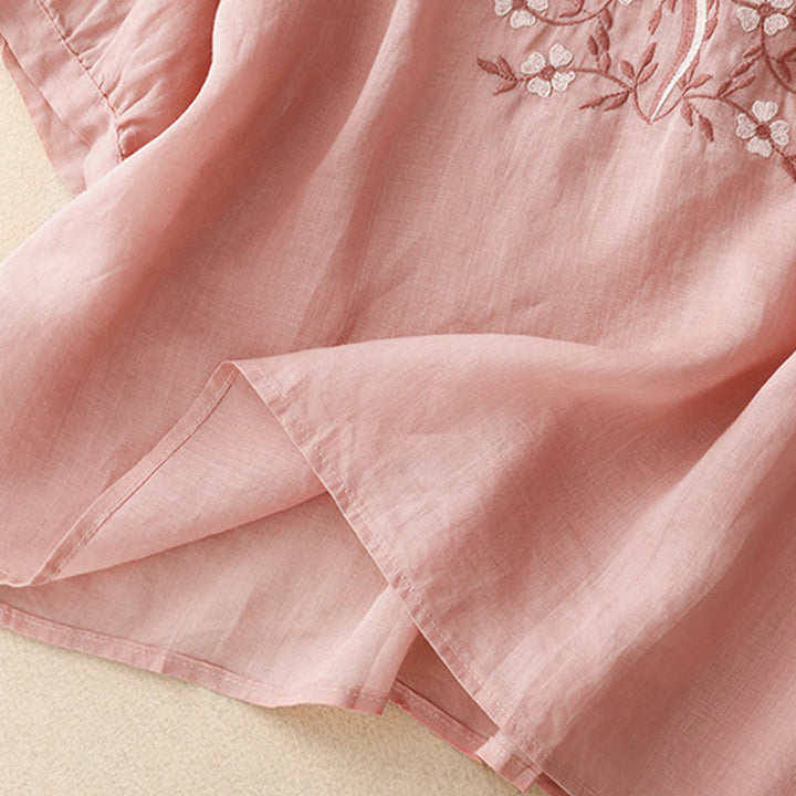 Camiseta de verano Buddha Stones de acrílico con flores bordadas y cuello en V para mujer, de media manga - image 10