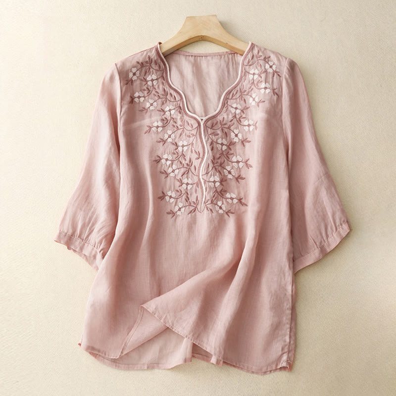 Camiseta de verano Buddha Stones de acrílico con flores bordadas y cuello en V para mujer, de media manga - Rosa - US8-10，UK/AU12-14，EU40-42 (2XL) - image 6