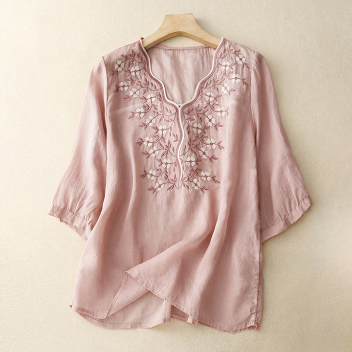 Camiseta de verano Buddha Stones de acrílico con flores bordadas y cuello en V para mujer, de media manga - Rosa - US8-10，UK/AU12-14，EU40-42 (2XL) - image 6