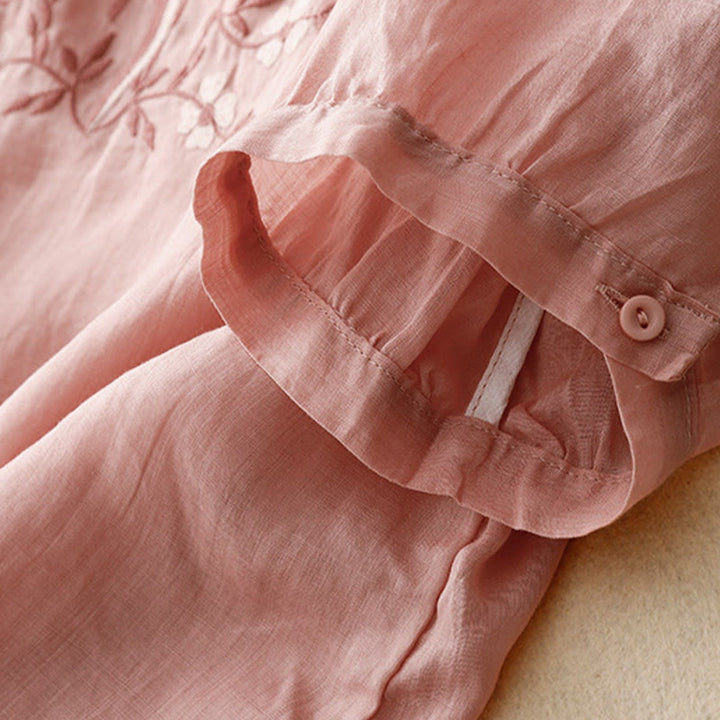 Camiseta de verano Buddha Stones de acrílico con flores bordadas y cuello en V para mujer, de media manga - image 9