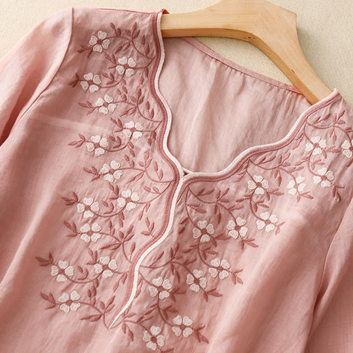 Camiseta de verano Buddha Stones de acrílico con flores bordadas y cuello en V para mujer, de media manga - image 7