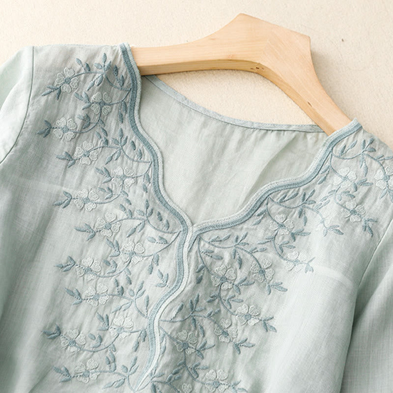 Camiseta de verano Buddha Stones de acrílico con flores bordadas y cuello en V para mujer, de media manga - image 13