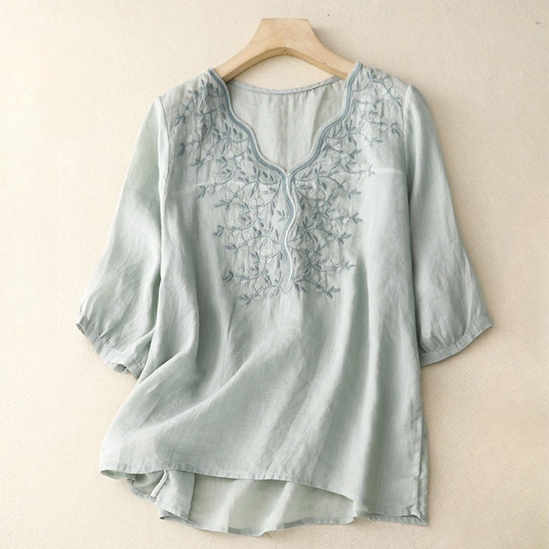 Camiseta de verano Buddha Stones de acrílico con flores bordadas y cuello en V para mujer, de media manga - Azul claro - US8-10，UK/AU12-14，EU40-42 (2XL) - image 12