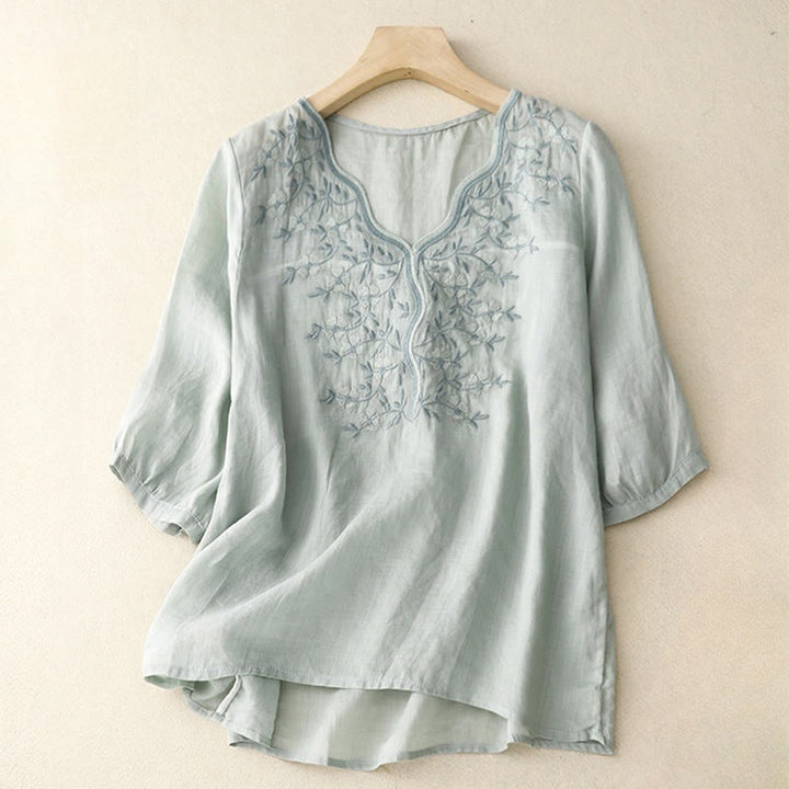 Camiseta de verano Buddha Stones de acrílico con flores bordadas y cuello en V para mujer, de media manga - Azul claro - US8-10，UK/AU12-14，EU40-42 (2XL) - image 12