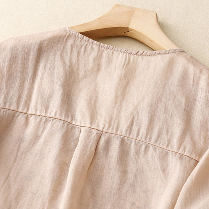 Camiseta de verano Buddha Stones de acrílico con flores bordadas y cuello en V para mujer, de media manga - image 20