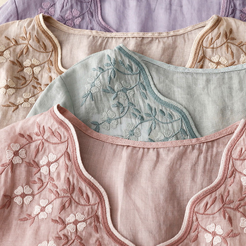 Camiseta de verano Buddha Stones de acrílico con flores bordadas y cuello en V para mujer, de media manga - image 23