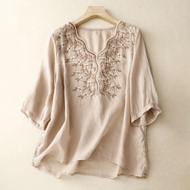 Camiseta de verano Buddha Stones de acrílico con flores bordadas y cuello en V para mujer, de media manga - Sopa de mariscos - US8-10，UK/AU12-14，EU40-42 (2XL) - image 18