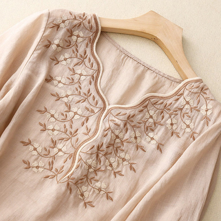 Camiseta de verano Buddha Stones de acrílico con flores bordadas y cuello en V para mujer, de media manga - image 19