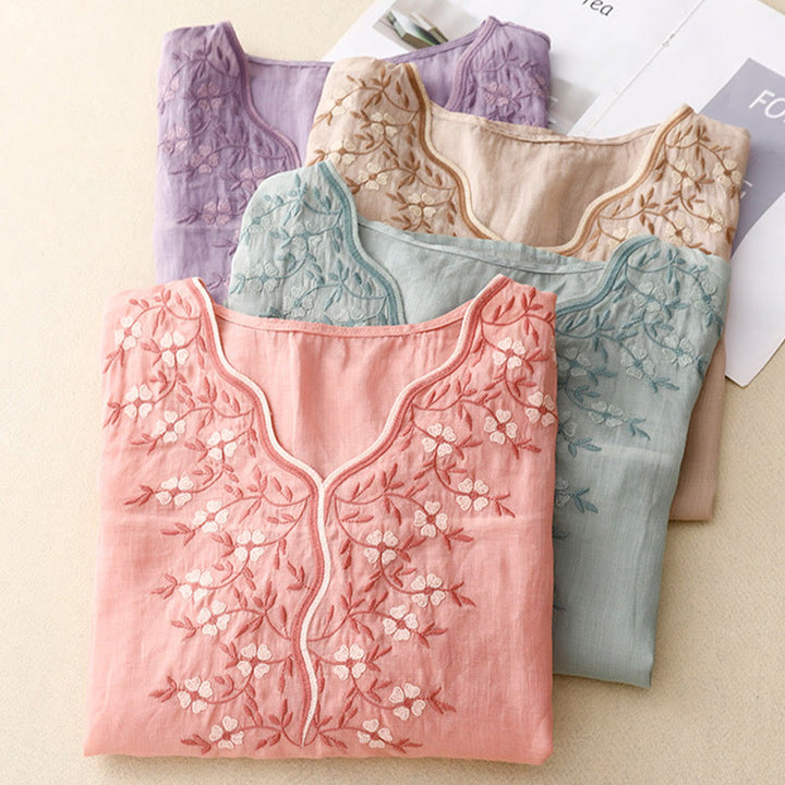 Camiseta de verano Buddha Stones de acrílico con flores bordadas y cuello en V para mujer, de media manga - image 22