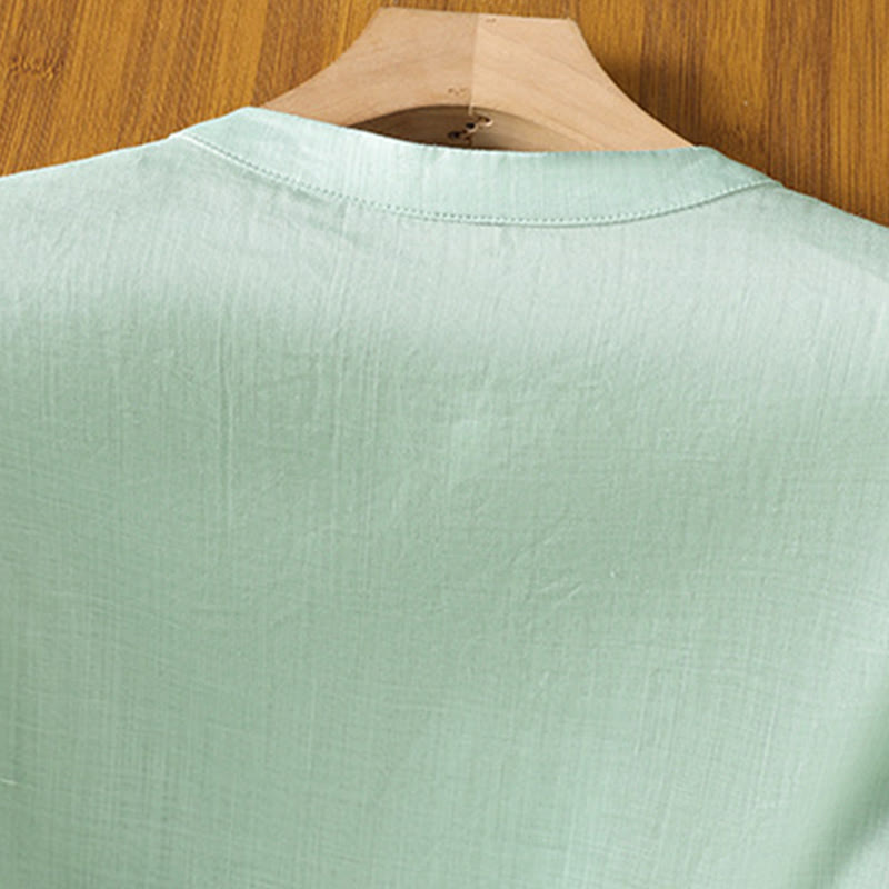 Camisa informal de lino y algodón con diseño de Buddha Stones para mujer, con flores y hojas bordadas, botones de rana, cuello redondo y media manga. - image 3