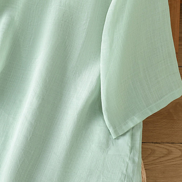 Camisa informal de lino y algodón con diseño de Buddha Stones para mujer, con flores y hojas bordadas, botones de rana, cuello redondo y media manga. - image 5