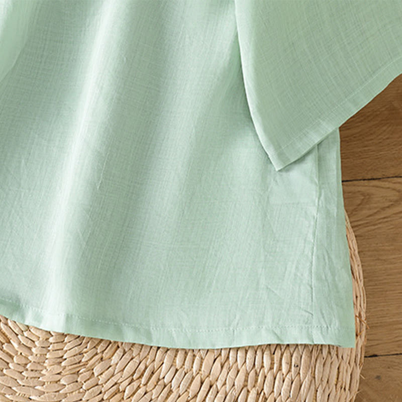 Camisa informal de lino y algodón con diseño de Buddha Stones para mujer, con flores y hojas bordadas, botones de rana, cuello redondo y media manga. - image 4