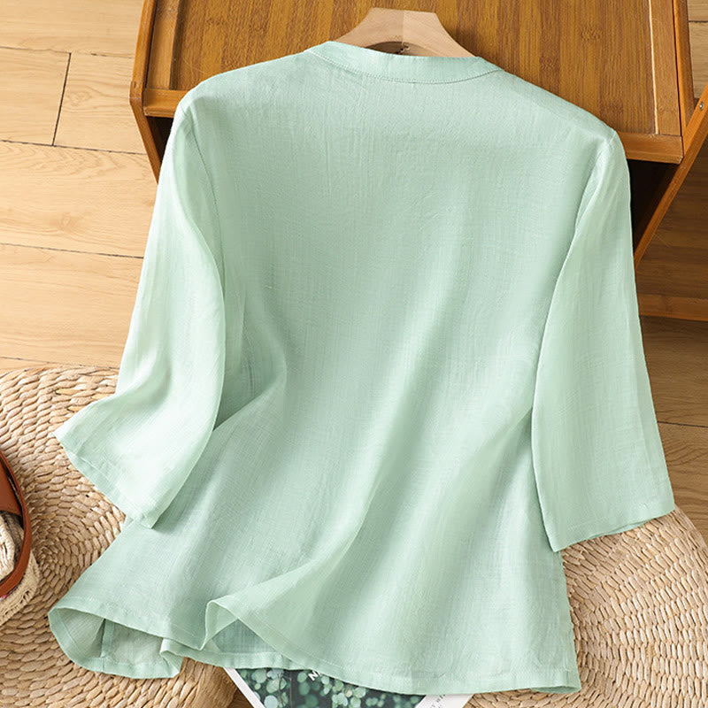 Camisa informal de lino y algodón con diseño de Buddha Stones para mujer, con flores y hojas bordadas, botones de rana, cuello redondo y media manga. - image 1