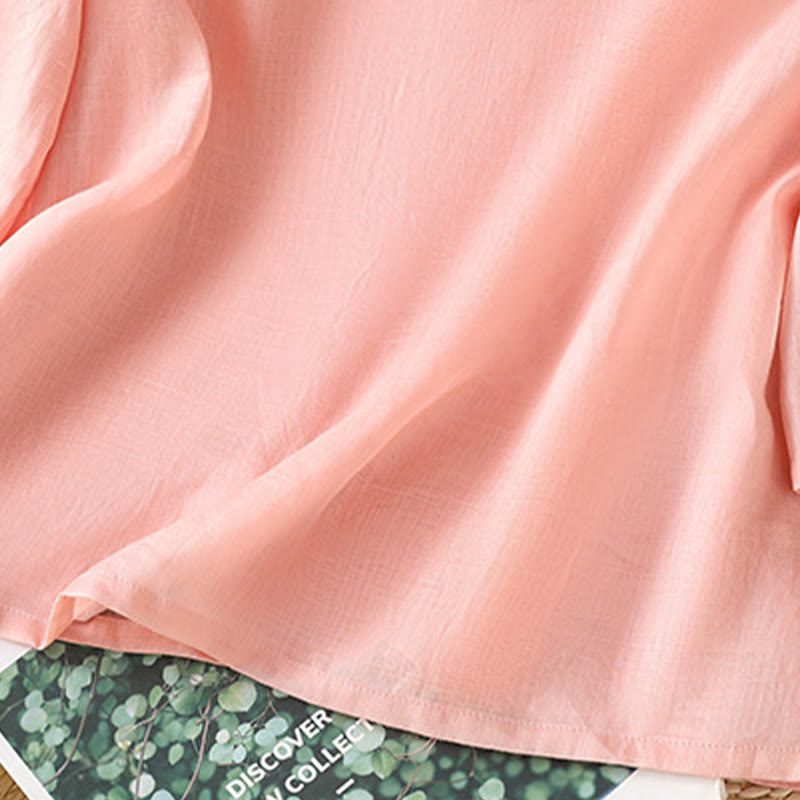 Camisa informal de lino y algodón con diseño de Buddha Stones para mujer, con flores y hojas bordadas, botones de rana, cuello redondo y media manga. - image 12