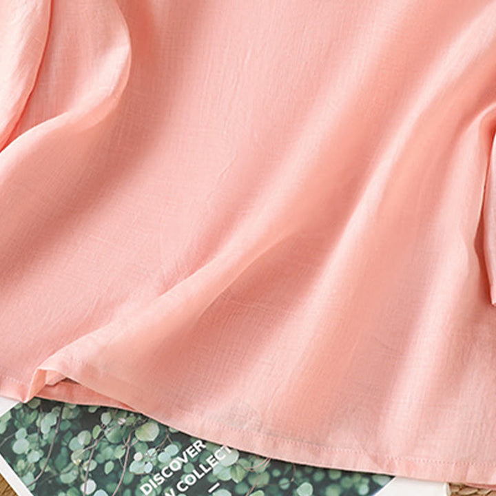 Camisa informal de lino y algodón con diseño de Buddha Stones para mujer, con flores y hojas bordadas, botones de rana, cuello redondo y media manga. - image 12