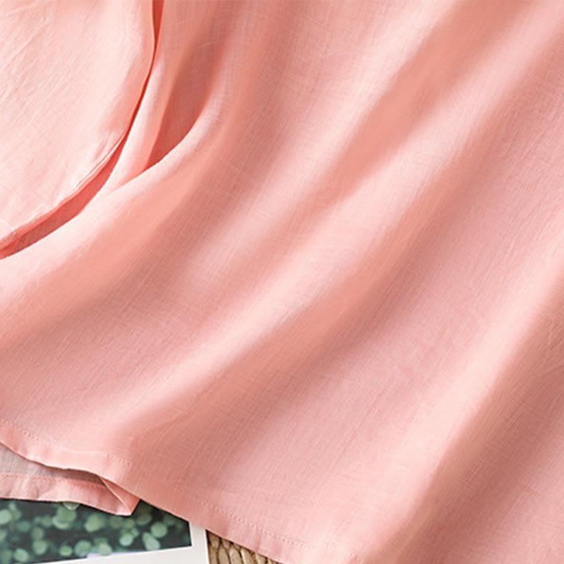 Camisa informal de lino y algodón con diseño de Buddha Stones para mujer, con flores y hojas bordadas, botones de rana, cuello redondo y media manga. - image 8