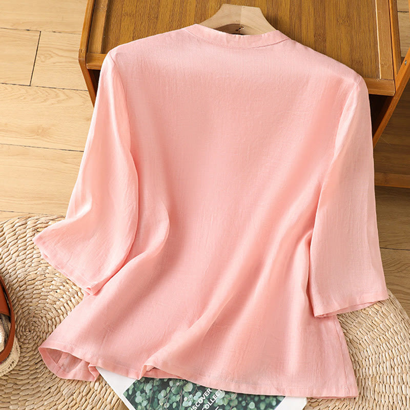 Camisa informal de lino y algodón con diseño de Buddha Stones para mujer, con flores y hojas bordadas, botones de rana, cuello redondo y media manga. - image 7