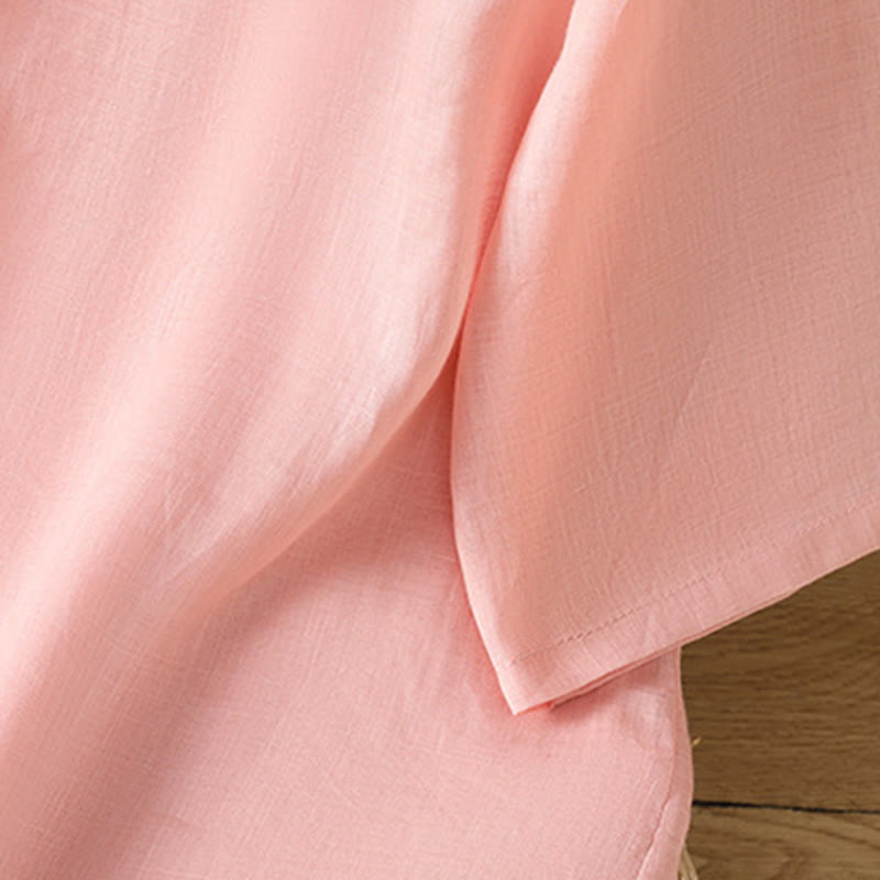 Camisa informal de lino y algodón con diseño de Buddha Stones para mujer, con flores y hojas bordadas, botones de rana, cuello redondo y media manga. - image 11