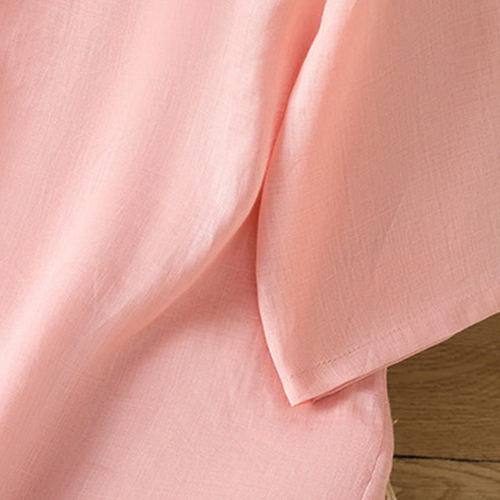 Camisa informal de lino y algodón con diseño de Buddha Stones para mujer, con flores y hojas bordadas, botones de rana, cuello redondo y media manga. - image 11