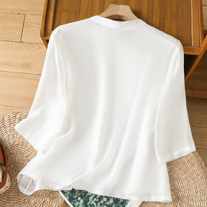 Camisa informal de lino y algodón con diseño de Buddha Stones para mujer, con flores y hojas bordadas, botones de rana, cuello redondo y media manga. - image 14