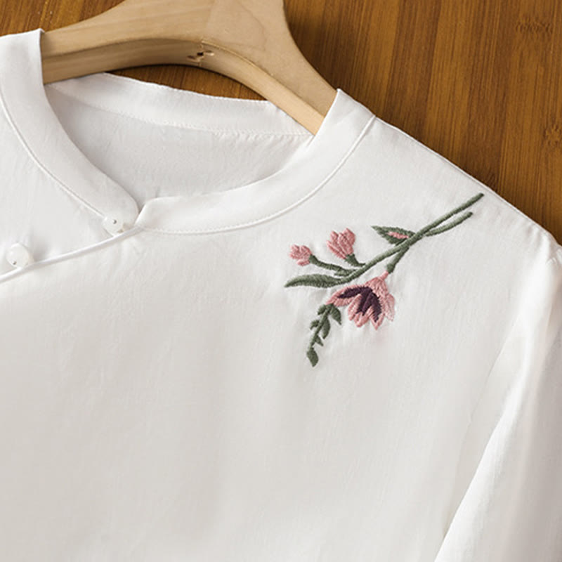 Camisa informal de lino y algodón con diseño de Buddha Stones para mujer, con flores y hojas bordadas, botones de rana, cuello redondo y media manga. - image 17