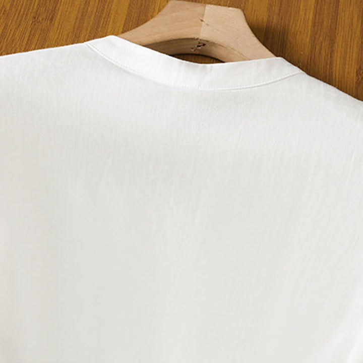 Camisa informal de lino y algodón con diseño de Buddha Stones para mujer, con flores y hojas bordadas, botones de rana, cuello redondo y media manga. - image 16