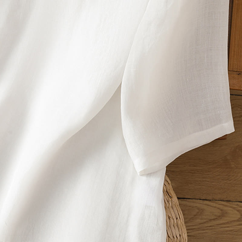 Camisa informal de lino y algodón con diseño de Buddha Stones para mujer, con flores y hojas bordadas, botones de rana, cuello redondo y media manga. - image 18