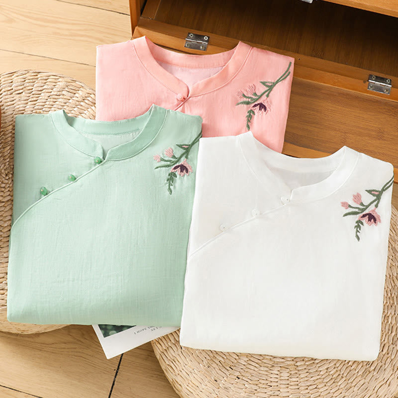 Camisa informal de lino y algodón con diseño de Buddha Stones para mujer, con flores y hojas bordadas, botones de rana, cuello redondo y media manga. - image 20