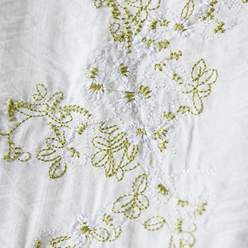 Camisa informal de lino y algodón con manga tres cuartos y diseño de flores bordadas con botones de rana para mujer - image 3