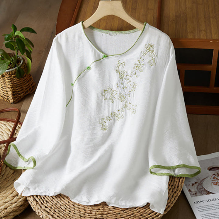 Camisa informal de lino y algodón con manga tres cuartos y diseño de flores bordadas con botones de rana para mujer - Blanco - US12, UK/AU16, EU44 (3XL) - image 0
