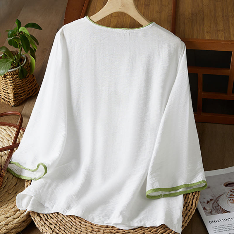 Camisa informal de lino y algodón con manga tres cuartos y diseño de flores bordadas con botones de rana para mujer - image 1