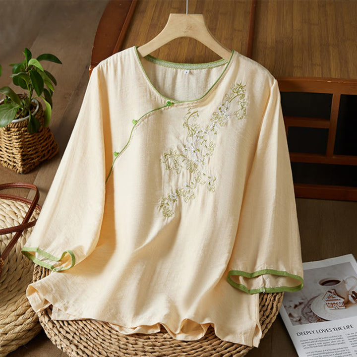 Camisa informal de lino y algodón con manga tres cuartos y diseño de flores bordadas con botones de rana para mujer - PapayaWhip - US12, UK/AU16, EU44 (3XL) - image 6