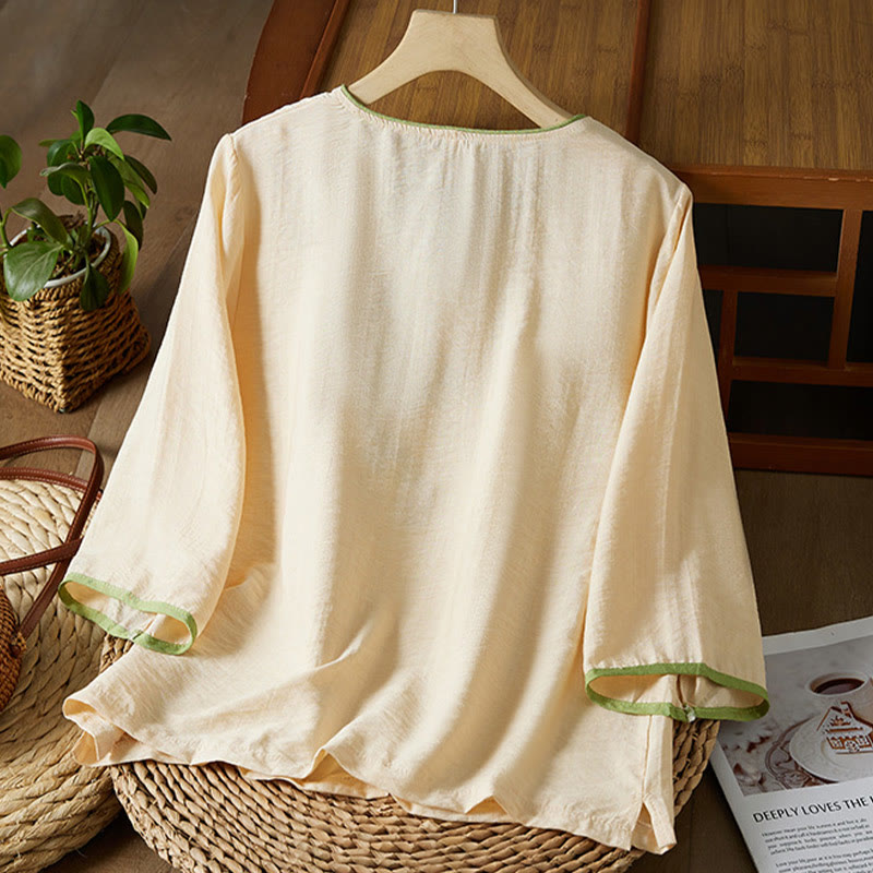 Camisa informal de lino y algodón con manga tres cuartos y diseño de flores bordadas con botones de rana para mujer - image 7