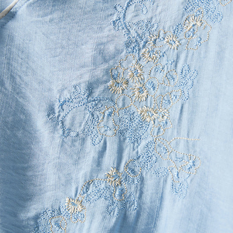 Camisa informal de lino y algodón con manga tres cuartos y diseño de flores bordadas con botones de rana para mujer - image 17