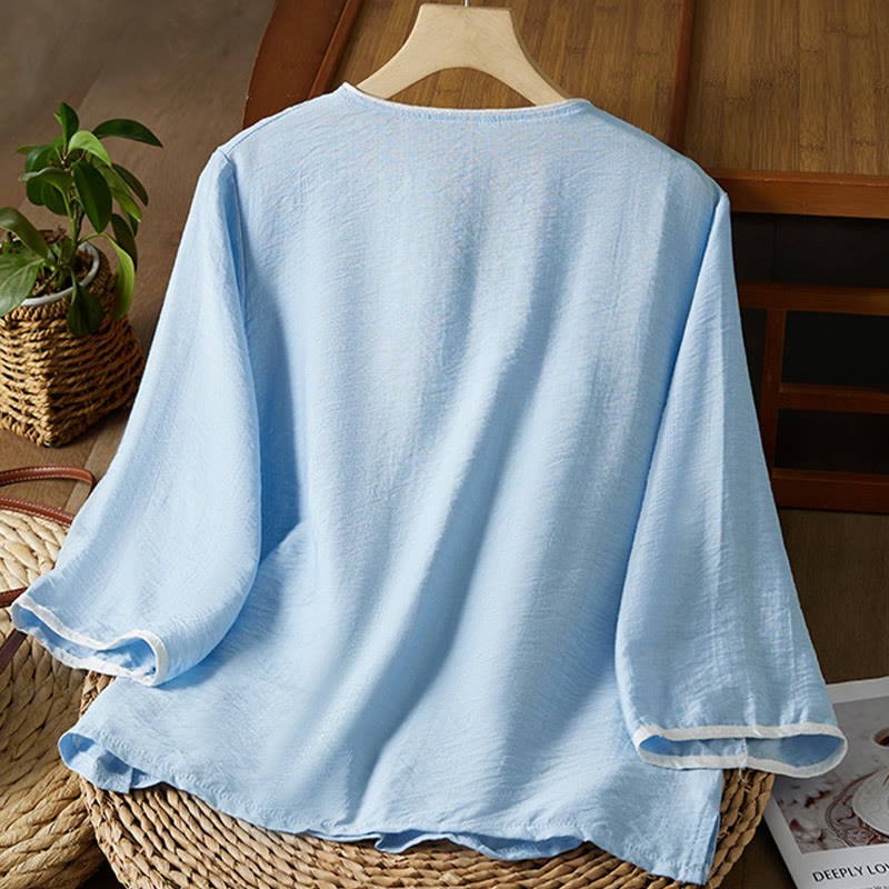 Camisa informal de lino y algodón con manga tres cuartos y diseño de flores bordadas con botones de rana para mujer - image 13