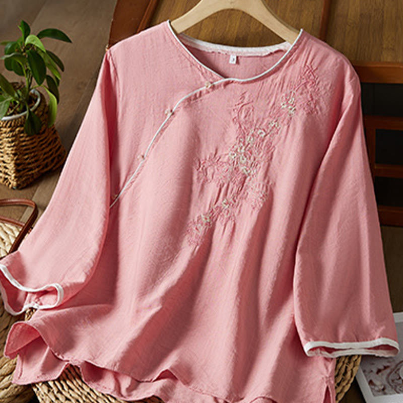 Camisa informal de lino y algodón con manga tres cuartos y diseño de flores bordadas con botones de rana para mujer - image 20